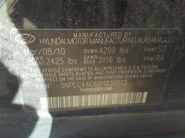 5NPEC4AC6BH030512 - 2011 HYUNDAI SONATA SE BLACK photo 10