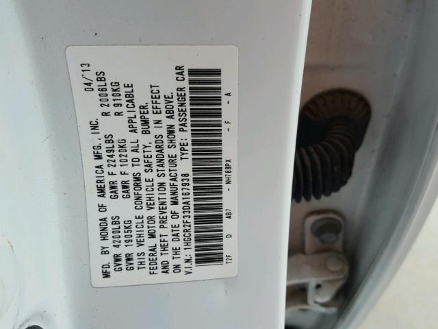 1HGCR2F33DA167938 - 2013 HONDA ACCORD LX WHITE photo 10