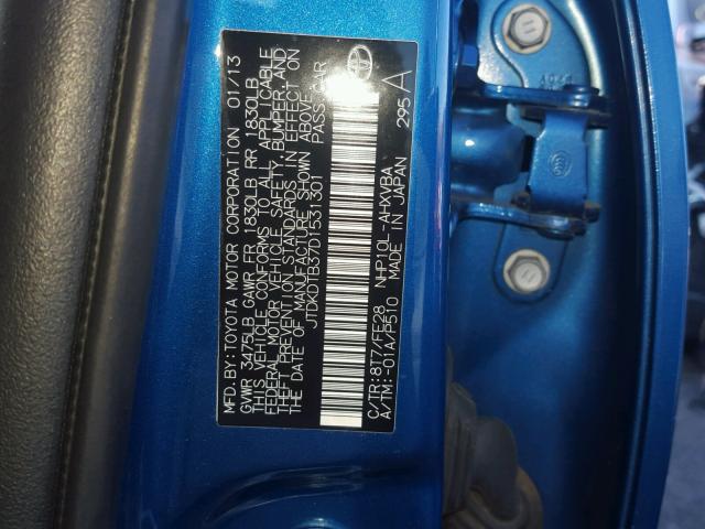 JTDKDTB37D1531301 - 2013 TOYOTA PRIUS C BLUE photo 10