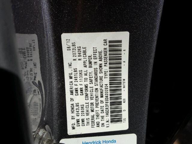 1HGCR3F85DA000904 - 2013 HONDA ACCORD EXL GRAY photo 10