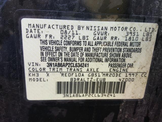 3N1AB6AP2CL634241 - 2012 NISSAN SENTRA BLACK photo 10