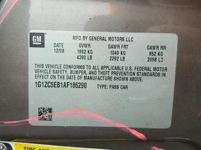 1G1ZC5EB1AF186290 - 2010 CHEVROLET MALIBU 1LT ბეჟი ფოტო 10