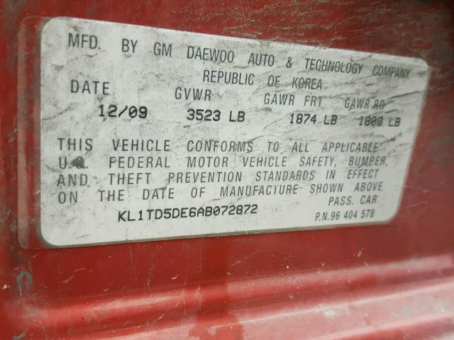 KL1TD5DE6AB072872 - 2010 CHEVROLET AVEO LS RED photo 10