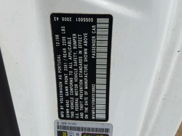 WVWFA71F89V019902 - 2009 VOLKSWAGEN EOS LUX 白色 照片 10