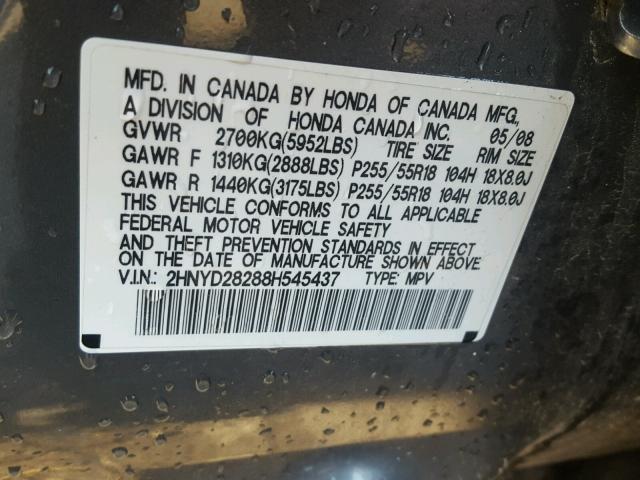 2HNYD28288H545437 - 2008 ACURA MDX GRAY photo 10