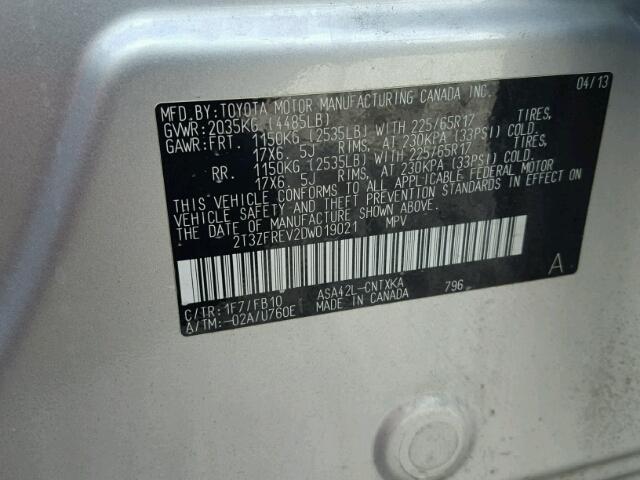 2T3ZFREV2DW019021 - 2013 TOYOTA RAV4 银色 照片 10