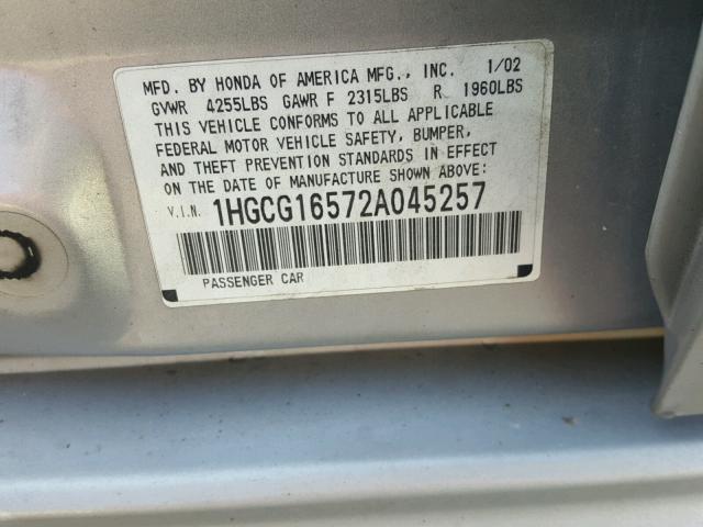 1HGCG16572A045257 - 2002 HONDA ACCORD EX SILVER photo 10