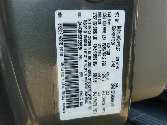 1D4HR38N53F620289 - 2003 DODGE DURANGO SP GRAY photo 10