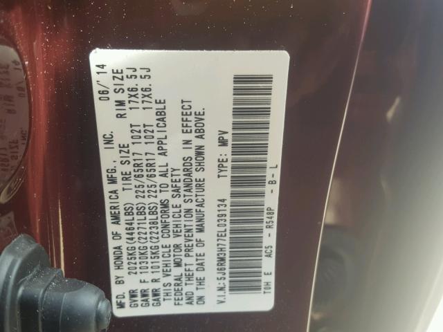 5J6RM3H77EL039134 - 2014 HONDA CR-V BURGUNDY photo 10