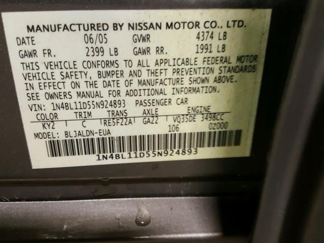 1N4BL11D55N924893 - 2005 NISSAN ALTIMA BROWN photo 10