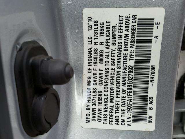 19XFA1F69BE027992 - 2011 HONDA CIVIC LX-S 银色 照片 10