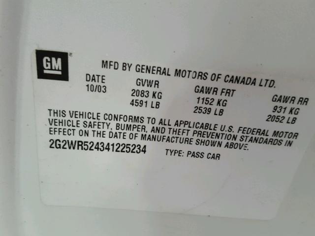 2G2WR524341225234 - 2004 PONTIAC GRAND PRIX WHITE photo 10