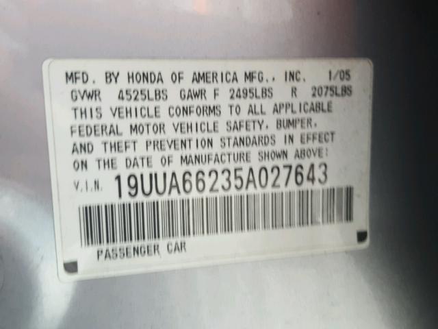 19UUA66235A027643 - 2005 ACURA TL SILVER photo 10