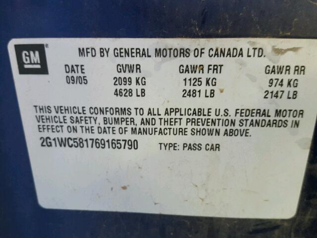 2G1WC581769165790 - 2006 CHEVROLET IMPALA BLUE photo 10