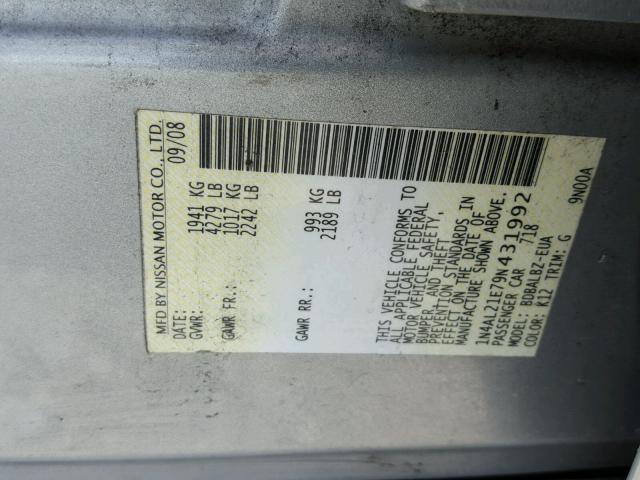 1N4AL21E79N431992 - 2009 NISSAN ALTIMA GRAY photo 10