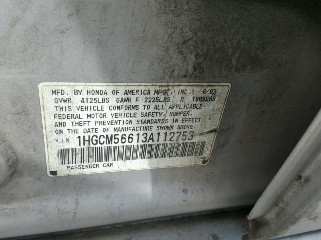 1HGCM56613A112753 - 2003 HONDA ACCORD EX GRAY photo 10