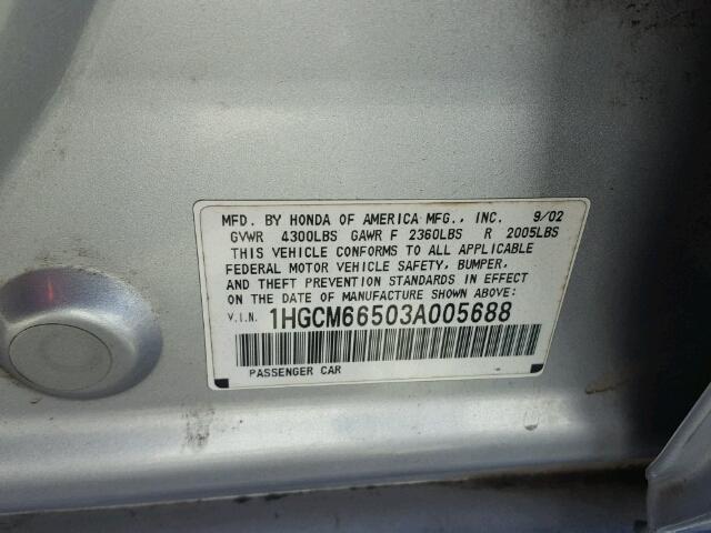 1HGCM66503A005688 - 2003 HONDA ACCORD EX SILVER photo 10