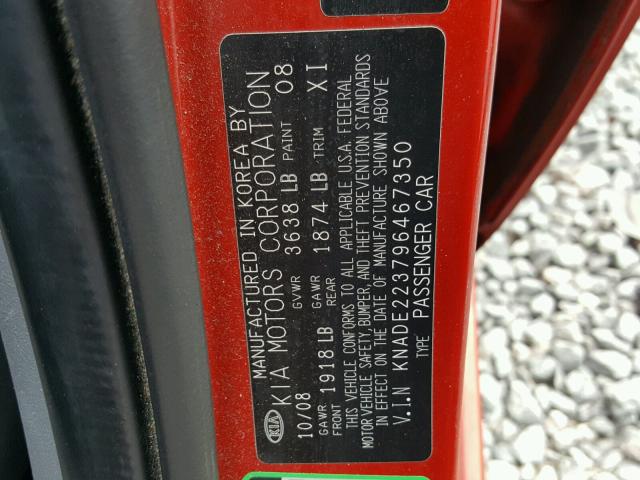 KNADE223796467350 - 2009 KIA RIO RED photo 10