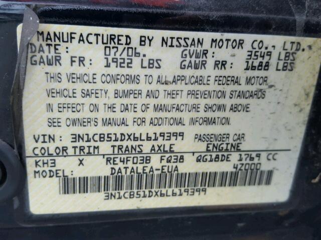 3N1CB51DX6L619399 - 2006 NISSAN SENTRA 1.8 BLACK photo 10