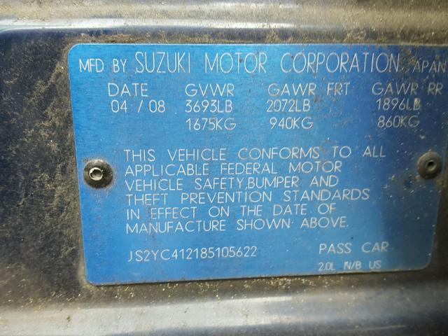 JS2YC412185105622 - 2008 SUZUKI SX4 BLUE photo 10