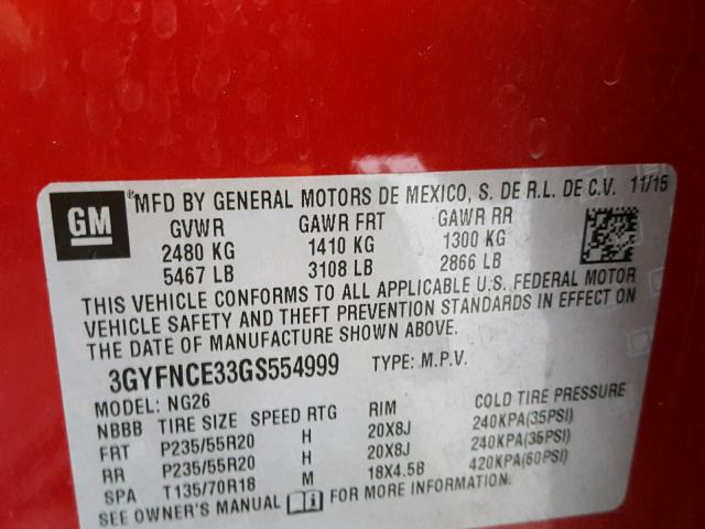 3GYFNCE33GS554999 - 2016 CADILLAC SRX PERFOR 红色 照片 10