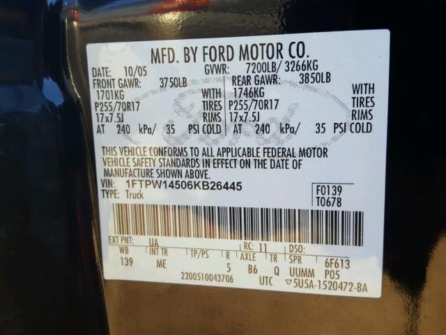 1FTPW14506KB26445 - 2006 FORD F150 SUPER BLACK photo 10