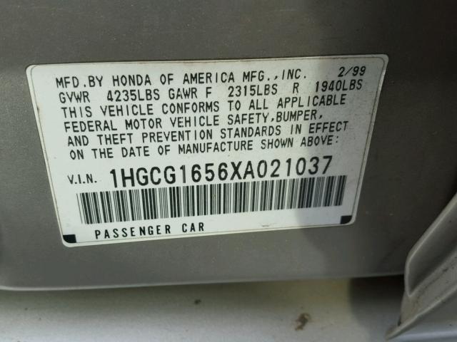 1HGCG1656XA021037 - 1999 HONDA ACCORD EX SILVER photo 10