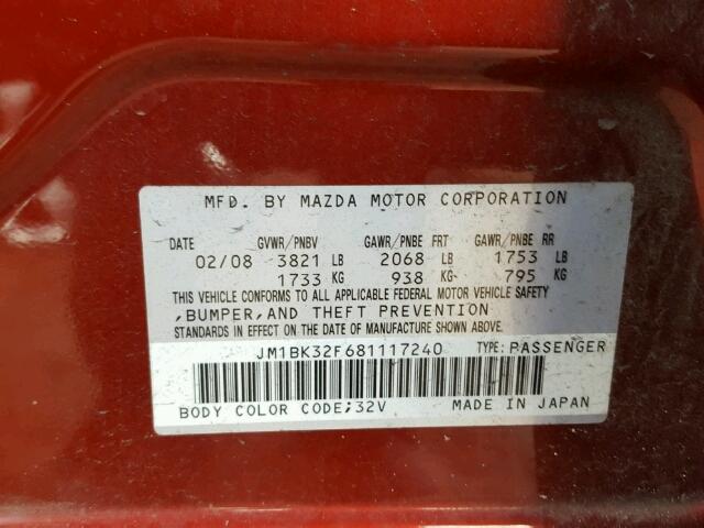 JM1BK32F681117240 - 2008 MAZDA 3 I MAROON photo 10