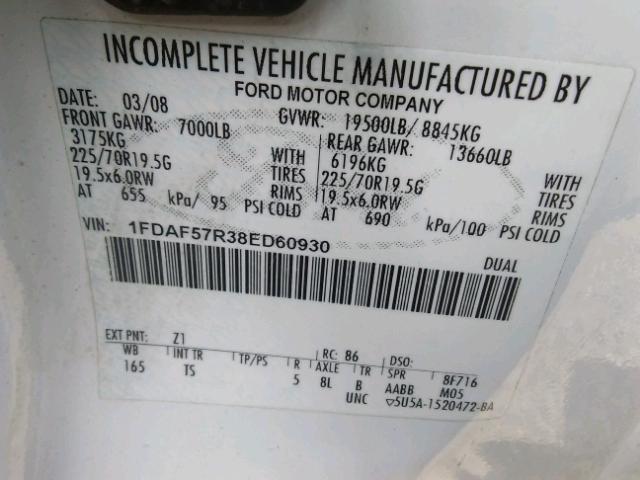 1FDAF57R38ED60930 - 2008 FORD F550 SUPER WHITE photo 10