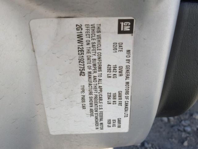 2G1WW12E519277542 - 2001 CHEVROLET MONTE CARL ვერცხლისფერი ფოტო 10