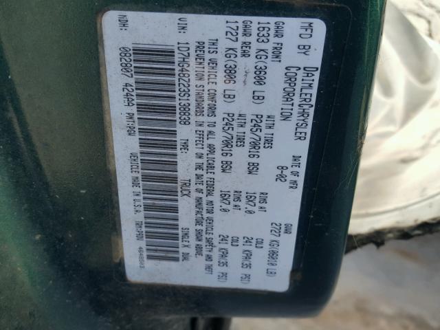 1D7HG48Z23S138839 - 2003 DODGE DAKOTA QUA GREEN photo 10