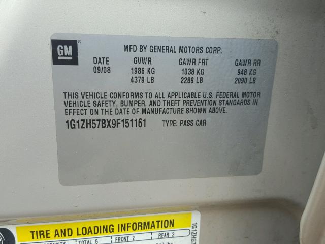 1G1ZH57BX9F151161 - 2009 CHEVROLET MALIBU 1LT GOLD photo 10