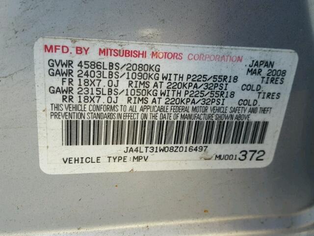 JA4LT31W08Z016497 - 2008 MITSUBISHI OUTLANDER SILVER photo 10