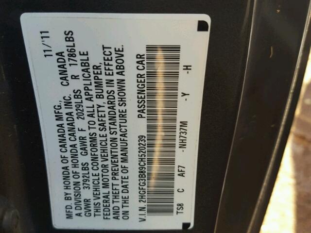 2HGFG3B89CH520239 - 2012 HONDA CIVIC EX 灰色 照片 10