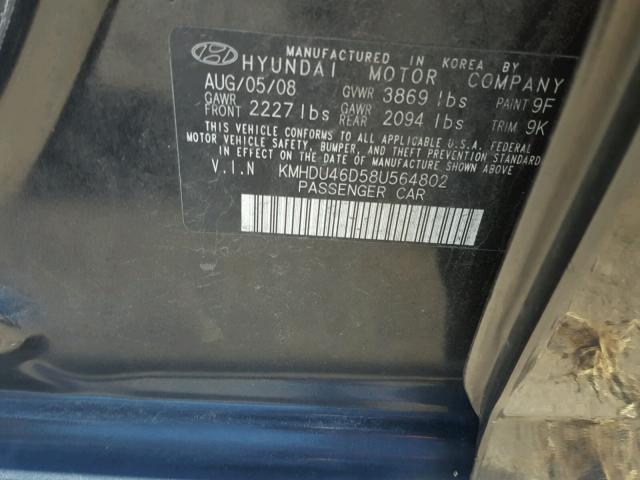 KMHDU46D58U564802 - 2008 HYUNDAI ELANTRA BLACK photo 10