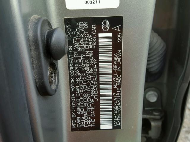 JTHBA30G645009491 - 2004 LEXUS ES GRAY photo 10