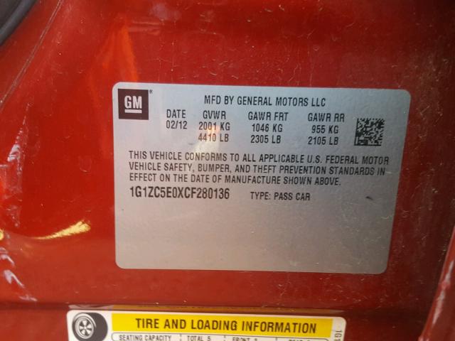 1G1ZC5E0XCF280136 - 2012 CHEVROLET MALIBU 1LT წითელი ფოტო 10