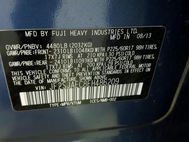 JF2SJAEC8EH486209 - 2014 SUBARU FORESTER 2 BLUE photo 10