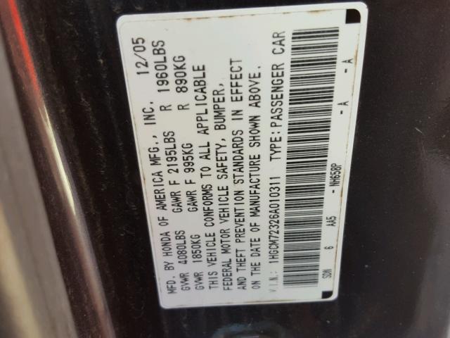 1HGCM72326A010311 - 2006 HONDA ACCORD LX BLACK photo 10