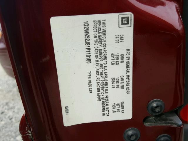 1G2WK52J81F110160 - 2001 PONTIAC GRAND PRIX BURGUNDY photo 10