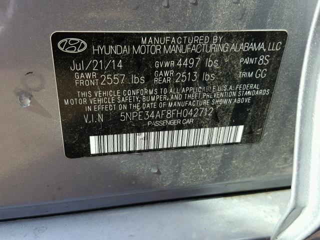 5NPE34AF8FH042712 - 2015 HYUNDAI SONATA GRAY photo 10