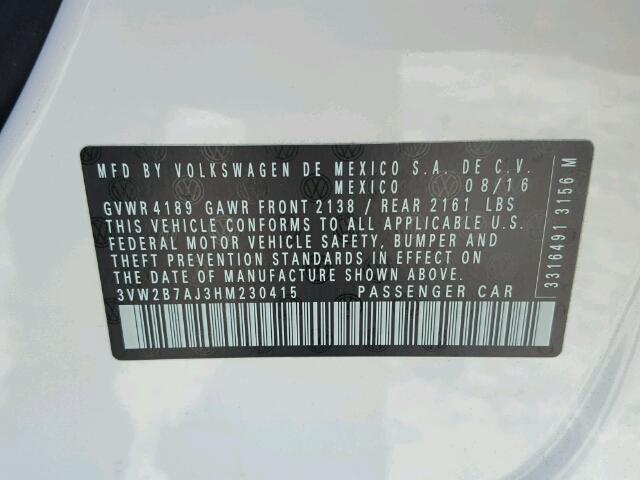 3VW2B7AJ3HM230415 - 2017 VOLKSWAGEN JETTA S Ağ foto 10