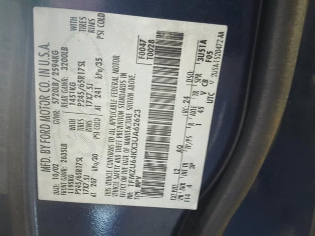 1FMZU64KX3UA62623 - 2003 FORD EXPLORER E BLUE photo 10