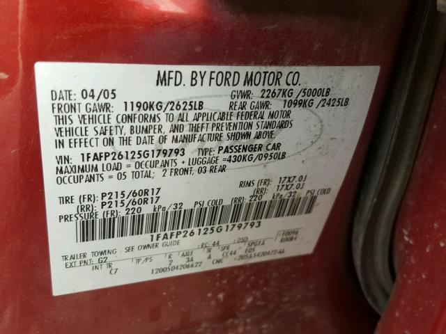 1FAFP26125G179793 - 2005 FORD FIVE HUNDR RED photo 10
