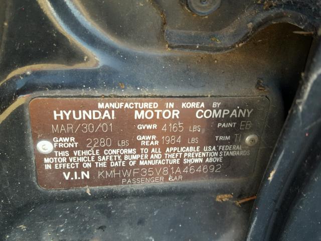 KMHWF35V81A464692 - 2001 HYUNDAI SONATA GLS BLACK photo 10