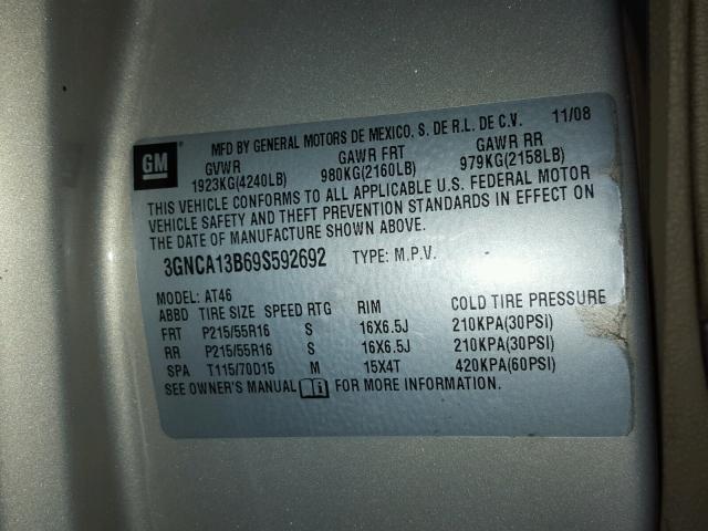 3GNCA13B69S592692 - 2009 CHEVROLET HHR LS SILVER photo 10