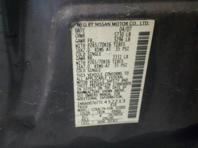 1N6AD07U77C452213 - 2007 NISSAN FRONTIER C GRAY photo 10