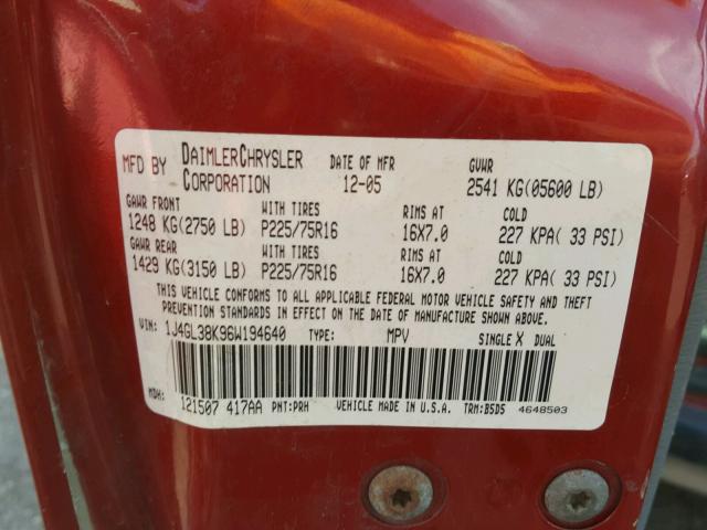 1J4GL38K96W194640 - 2006 JEEP LIBERTY RE RED photo 10