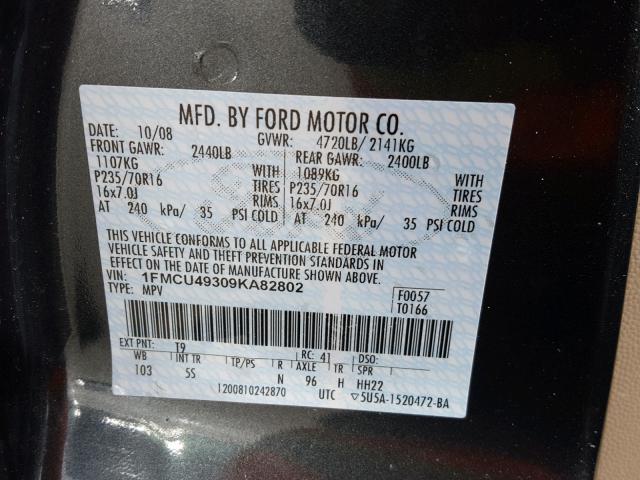 1FMCU49309KA82802 - 2009 FORD ESCAPE HYB GRAY photo 10