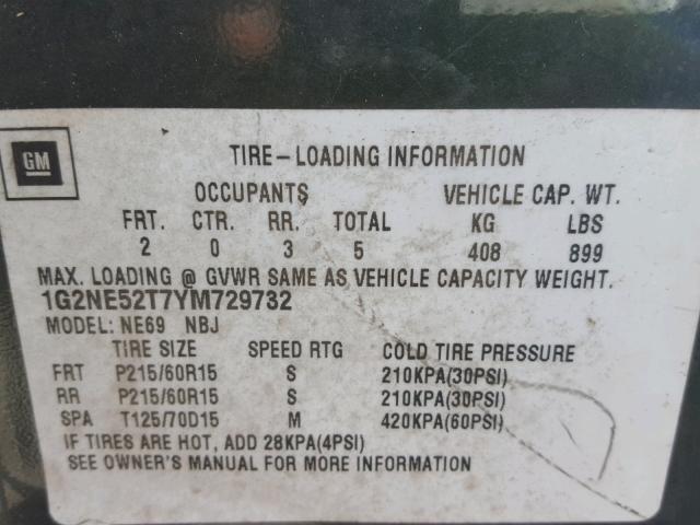 1G2NE52T7YM729732 - 2000 PONTIAC GRAND AM S GREEN photo 10